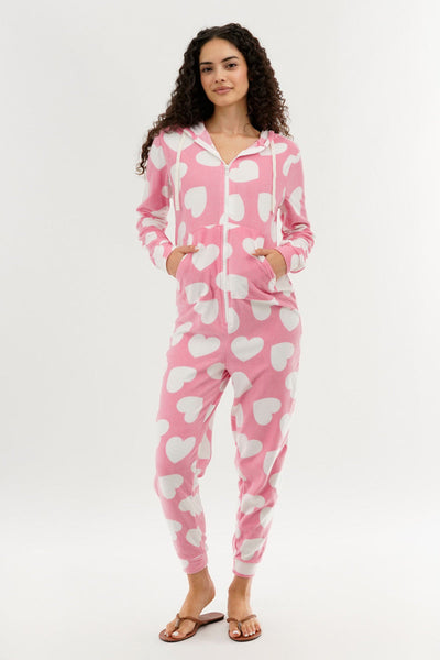 Canada Weather Gear Heart Pattern Fleece Onesie - Pink - Womens Onesies - Canada Weather Gear