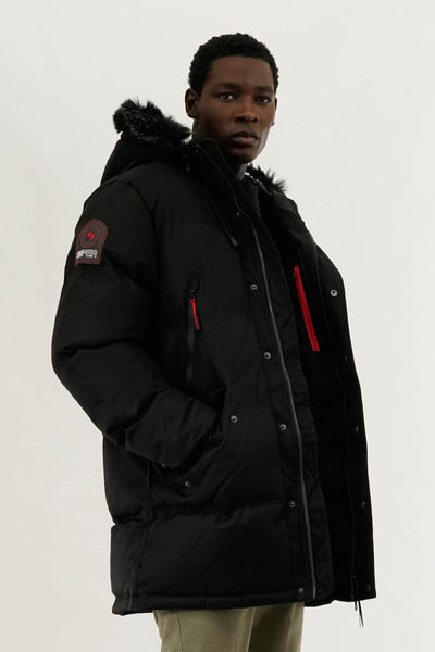 Super Triple Goose Faux Fur Lined Backpack Strap Parka Jacket - Black - Mens Parka Jackets - Canada Weather Gear