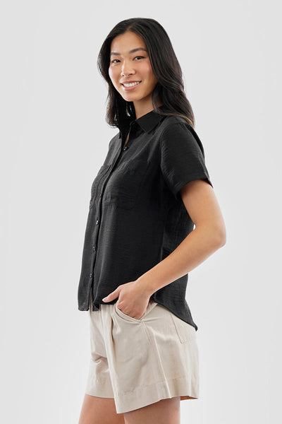 Super Triple Goose Vintage Short Sleeve Button Up Textured Shirt - Black - Womens Shirts & Blouses - Canada Weather Gear