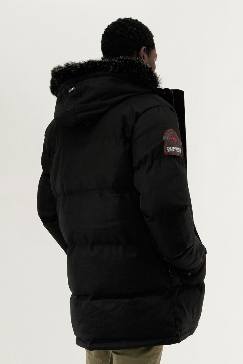 Super Triple Goose Faux Fur Lined Backpack Strap Parka Jacket - Black - Mens Parka Jackets - Canada Weather Gear