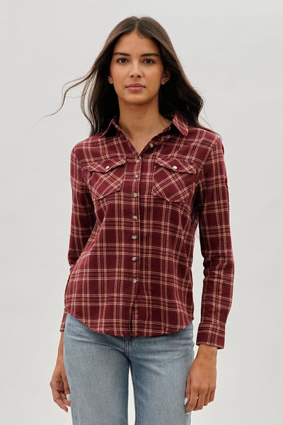 Canada Weather Gear Plaid Button Up Shirt - Burgundy - Womens Shirts & Blouses - Canada Weather Gear