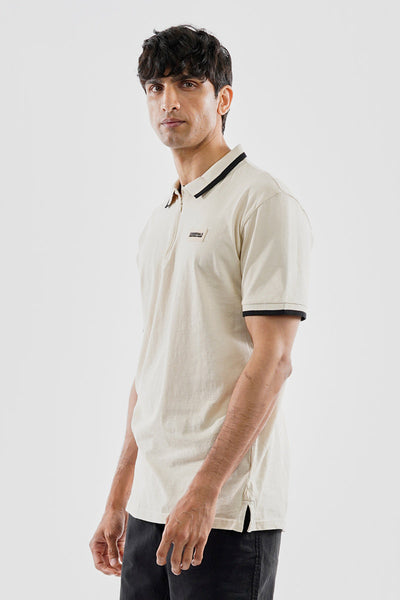 Essentials Super Triple Goose 1/4 Zip Stripe Polo Shirt - Cream - Mens Polo Shirts - Canada Weather Gear