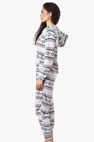 Canada Weather Gear Hooded Festive Pattern Fleece Onesie - White - Womens Onesies - Canada Weather Gear