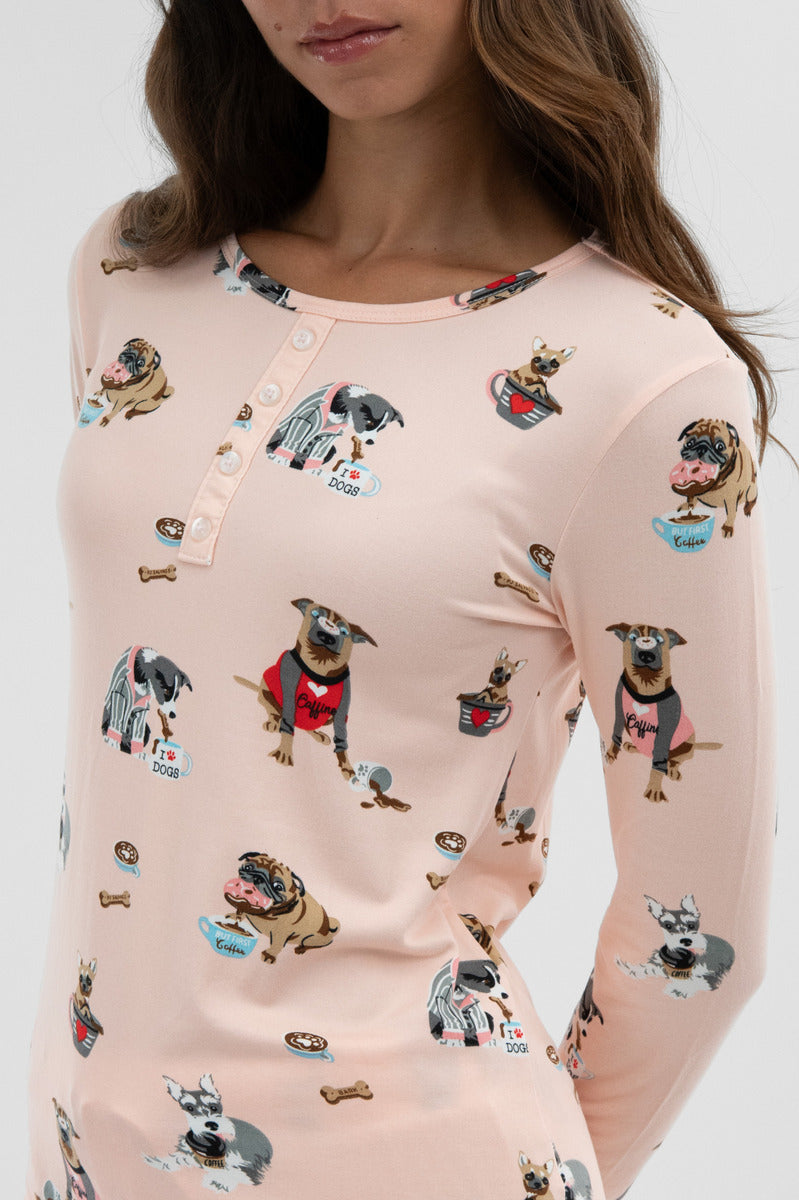 Canada Weather Gear Dog Print Henley Pajama Top - Blush
