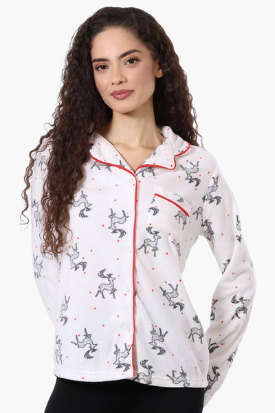 Canada Weather Gear Button Down Reindeer Pattern Pajama Top - White - Womens Pajamas - Canada Weather Gear