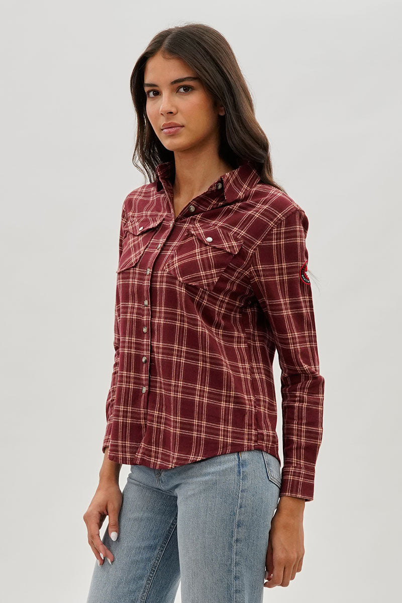 Canada Weather Gear Plaid Button Up Shirt - Burgundy - Womens Shirts & Blouses - Canada Weather Gear
