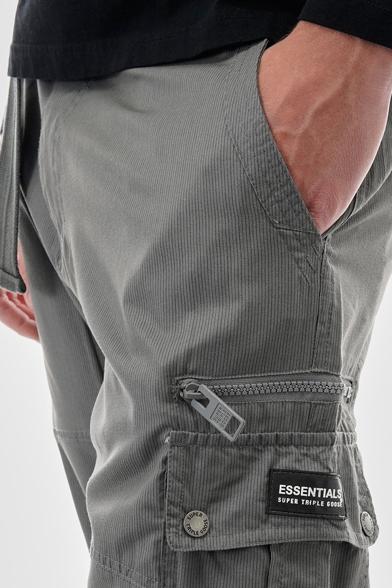 Belted Striped Cargo Shorts - Grey