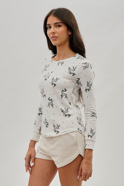 Canada Weather Gear Reindeer Print Henley Pajama Top - White - Womens Pajamas - Fairweather