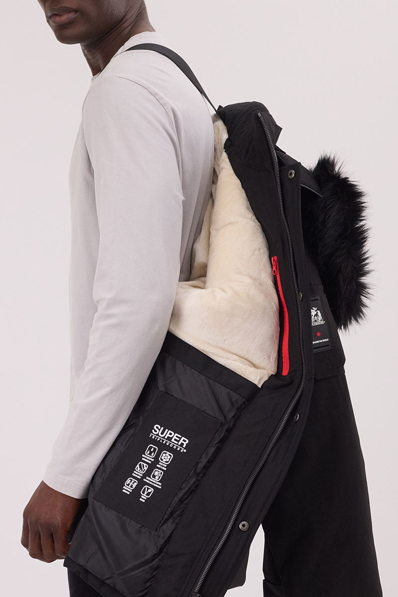 Super Triple Goose Faux Fur Lined Parka Jacket - Black