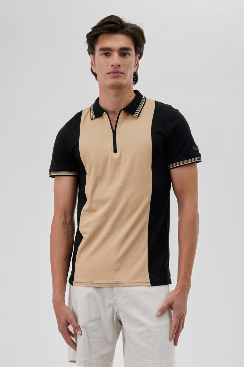 Canada Weather Gear Vintage 1/4 Zip Colour Block Polo Shirt - Beige - Mens Polo Shirts - Canada Weather Gear