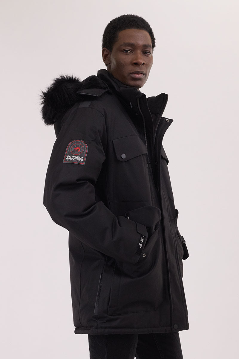 Super Triple Goose Faux Fur Lined Parka Jacket - Black