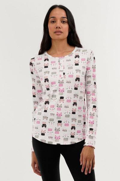 Canada Weather Gear Cat Print Henley Pajama Top - Blush - Womens Pajamas - Canada Weather Gear