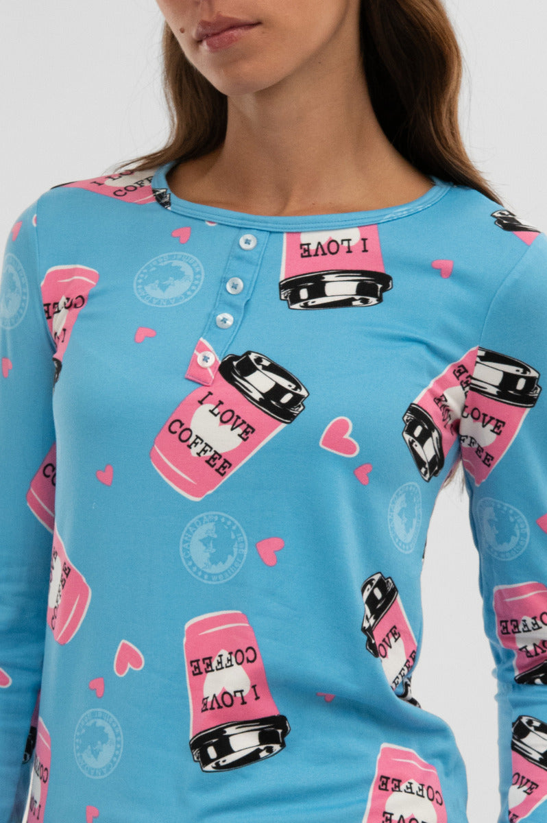 Canada Weather Gear Coffee Print Henley Pajama Top - Blue - Womens Pajamas - Canada Weather Gear