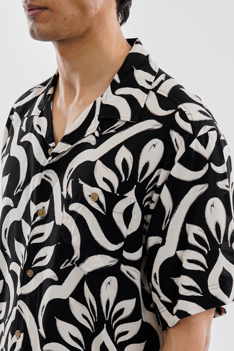 Super Triple Goose Vintage Leaf Print Button Up Casual Shirt - Black - Mens Casual Shirts - Canada Weather Gear