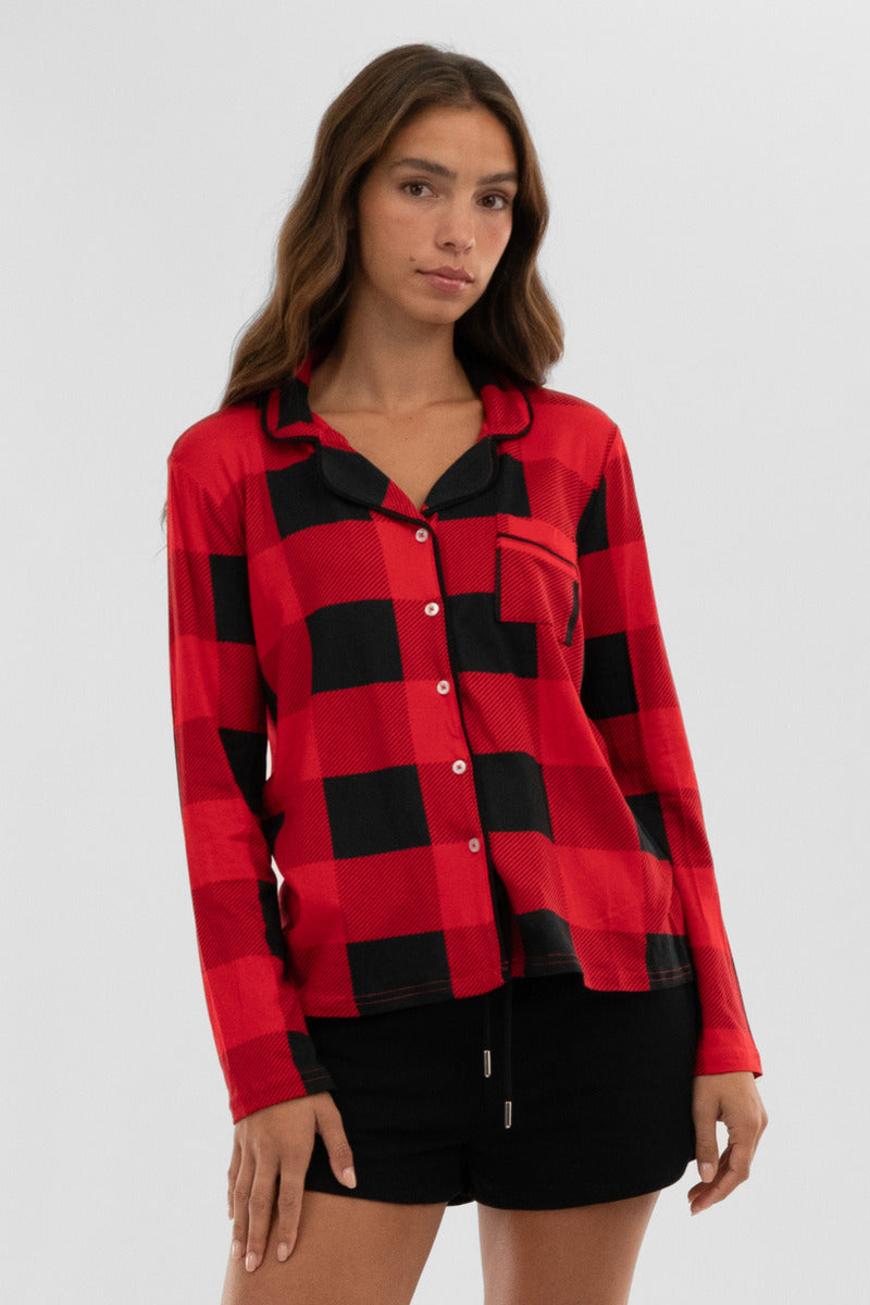 Canada Weather Gear Plaid Button Down Pajama Top - Red - Womens Pajamas - Canada Weather Gear