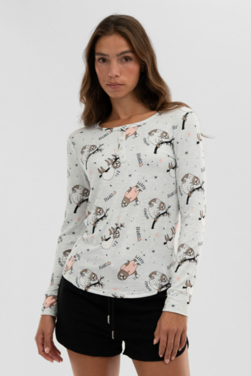 Canada Weather Gear Sloth Print Henley Pajama Top - Grey