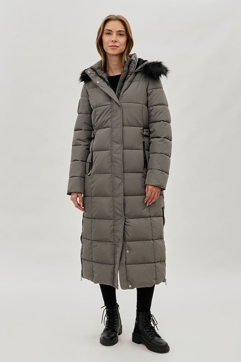 Long Faux Fur Lined Parka Jacket - Grey