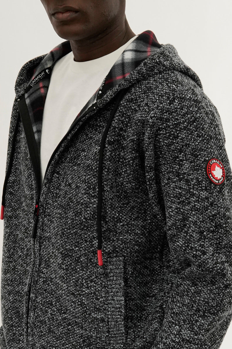 Plaid Lined Zip Up Knit Hoodie - Black