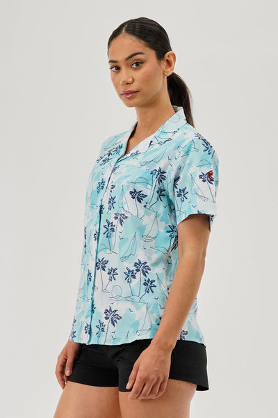 Canada Weather Gear Printed Short Sleeve Button Up Shirt - Aqua - Womens Shirts & Blouses - Canada Weather Gear