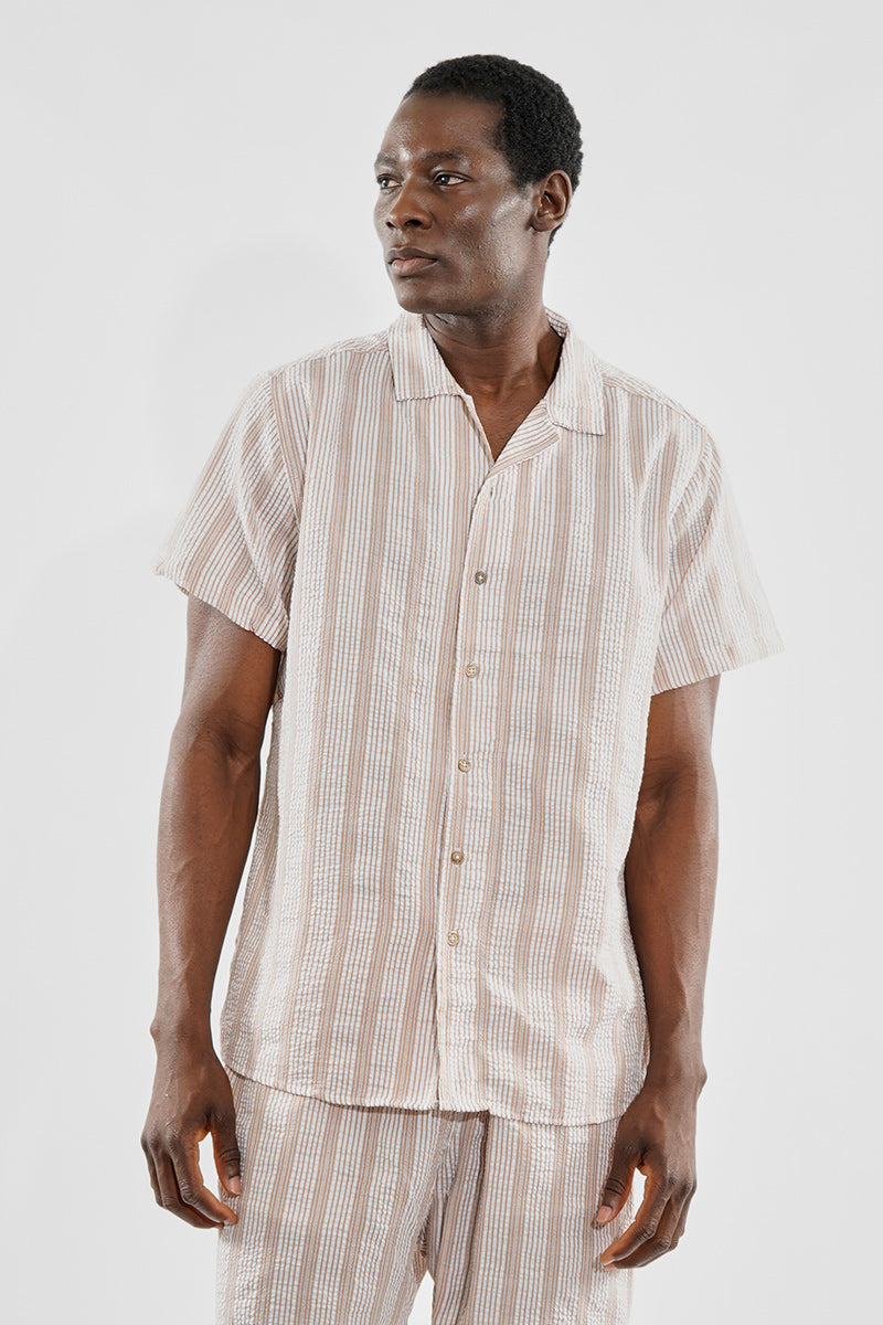 Canada Weather Gear Vintage Striped Button Up Camp Collar Casual Shirt - Beige - Mens Casual Shirts - Canada Weather Gear