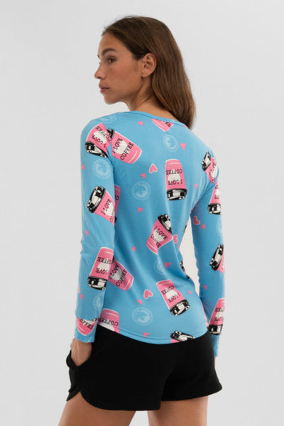 Canada Weather Gear Coffee Print Henley Pajama Top - Blue - Womens Pajamas - Canada Weather Gear
