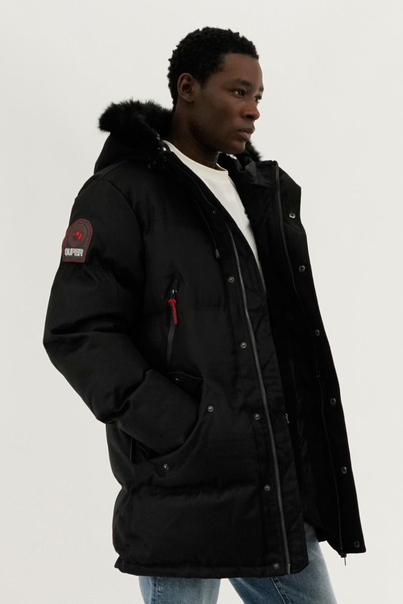 Super Triple Goose Faux Fur Lined Backpack Strap Parka Jacket - Black - Mens Parka Jackets - Canada Weather Gear