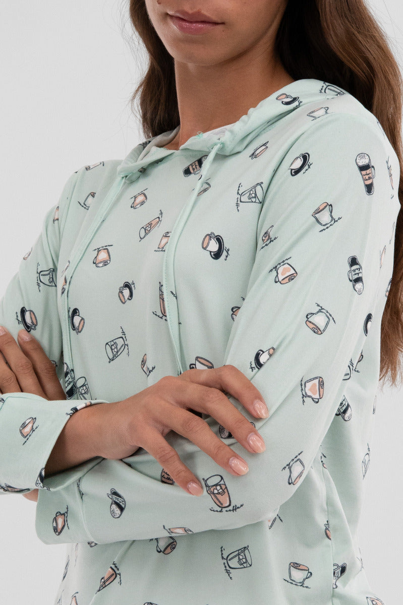 Canada Weather Gear Coffee Print Hooded Pajama Top - Mint - Womens Pajamas - Canada Weather Gear