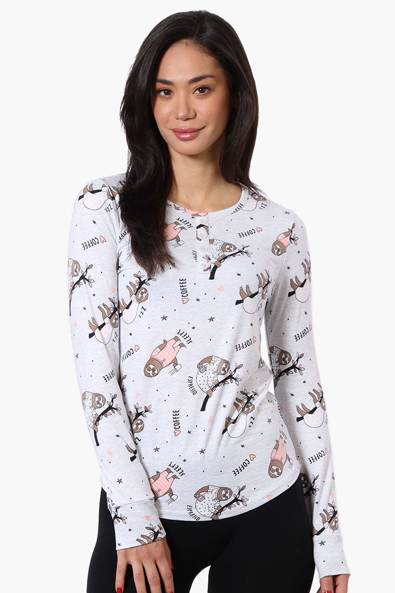 Canada Weather Gear Sloth Pattern Henley Pajama Top - Grey - Womens Pajamas - Canada Weather Gear