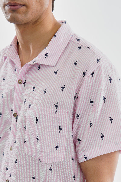 Canada Weather Gear Vintage Striped Flamingo Pattern Button Up Casual Shirt - Pink - Mens Casual Shirts - Canada Weather Gear