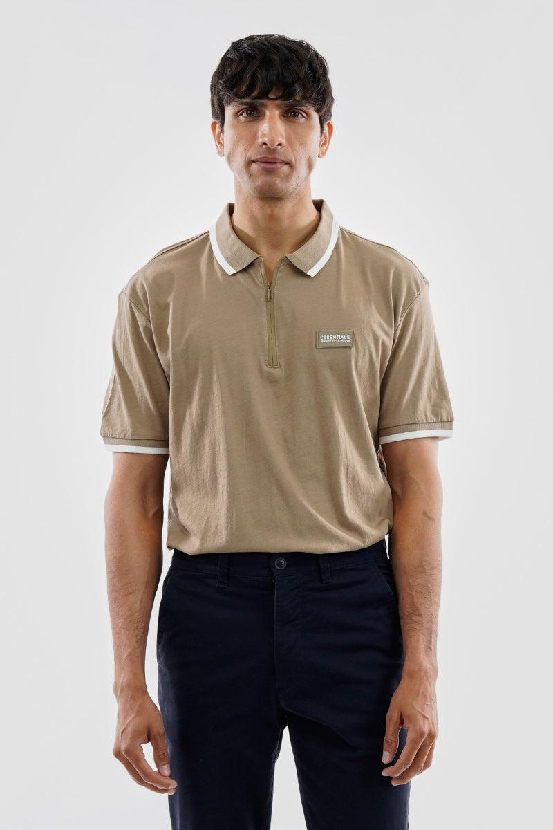 Essentials Super Triple Goose 1/4 Zip Stripe Polo Shirt - Camel - Mens Polo Shirts - Canada Weather Gear