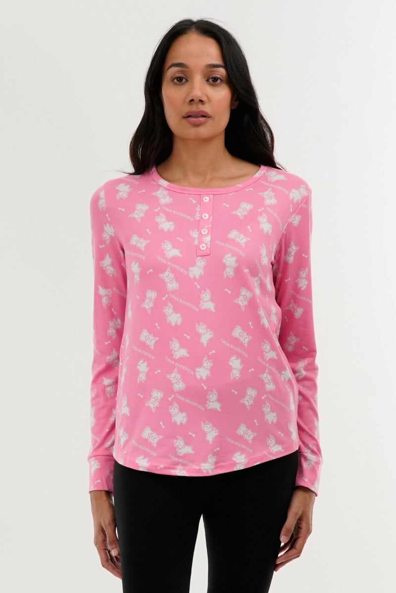 Canada Weather Gear Dog Print Henley Pajama Top - Pink - Womens Pajamas - Canada Weather Gear
