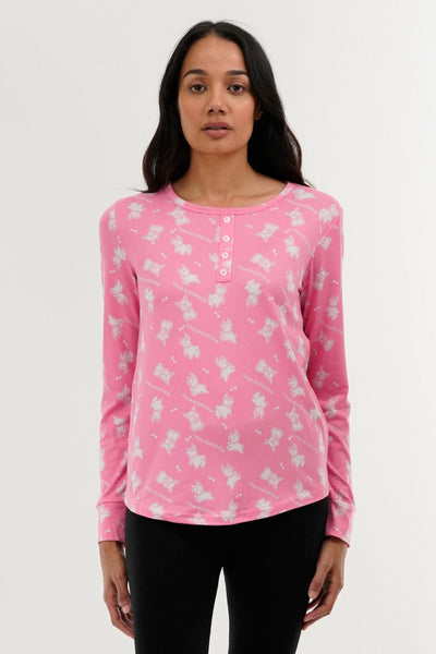 Canada Weather Gear Dog Print Henley Pajama Top - Pink - Womens Pajamas - Canada Weather Gear