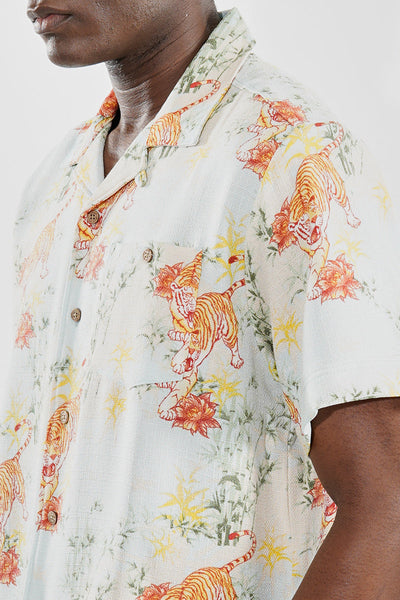 Super Triple Goose Vintage Floral Tiger Pattern Button Up Casual Shirt - Mint - Mens Casual Shirts - Canada Weather Gear