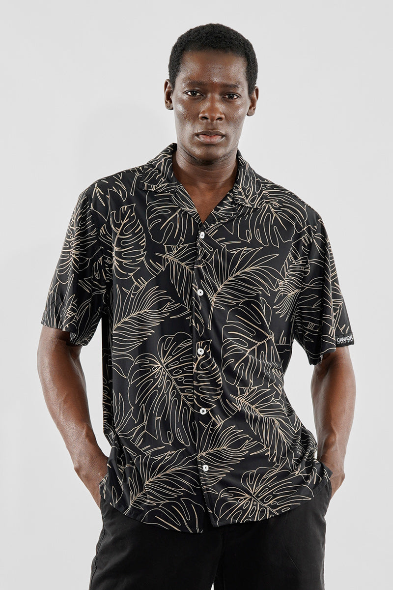 Canada Weather Gear Travel Collection Palm Print Button Up Casual Shirt - Black - Mens Casual Shirts - Canada Weather Gear