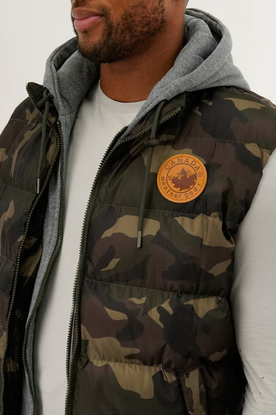 Canada Weather Gear Hooded Camo Print Puffer Vest - Olive - Mens Vests - Canada Weather Gear