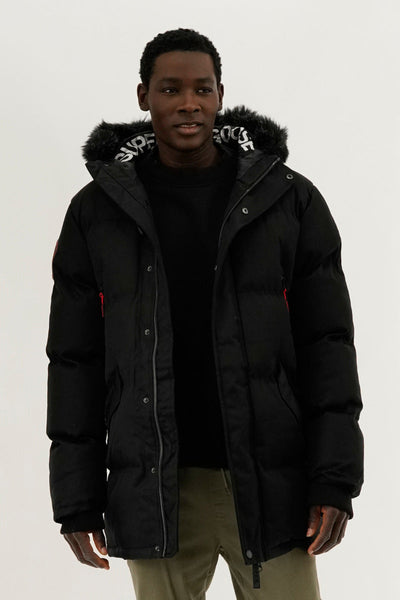 Super Triple Goose Faux Fur Lined Backpack Strap Parka Jacket - Black - Mens Parka Jackets - Canada Weather Gear