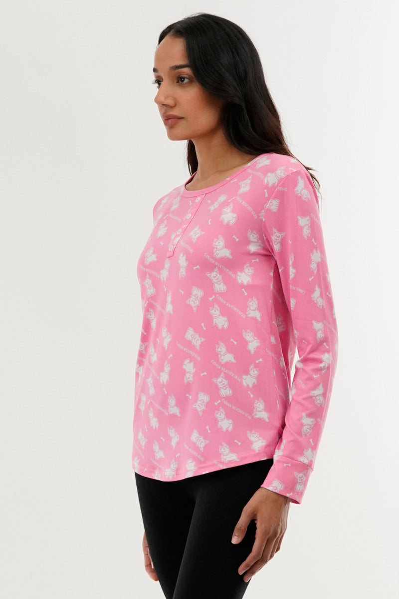 Canada Weather Gear Dog Print Henley Pajama Top - Pink - Womens Pajamas - Canada Weather Gear
