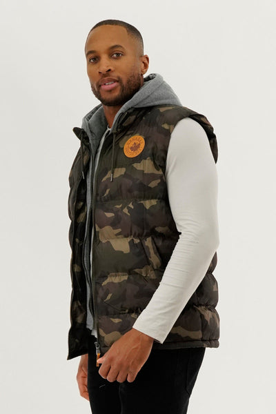 Canada Weather Gear Hooded Camo Print Puffer Vest - Olive - Mens Vests - Canada Weather Gear