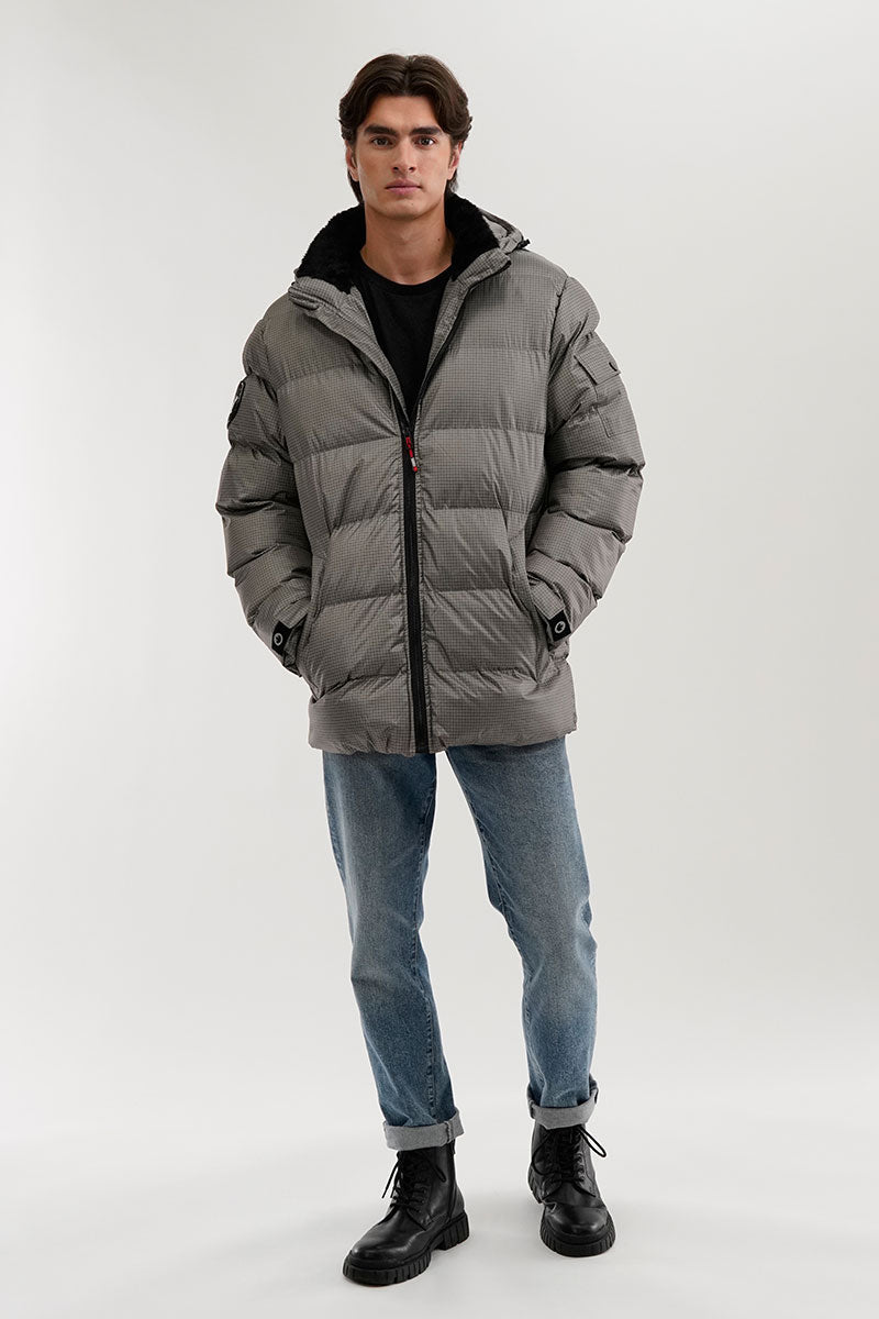 Grid Pattern Puffer Parka Jacket - Grey