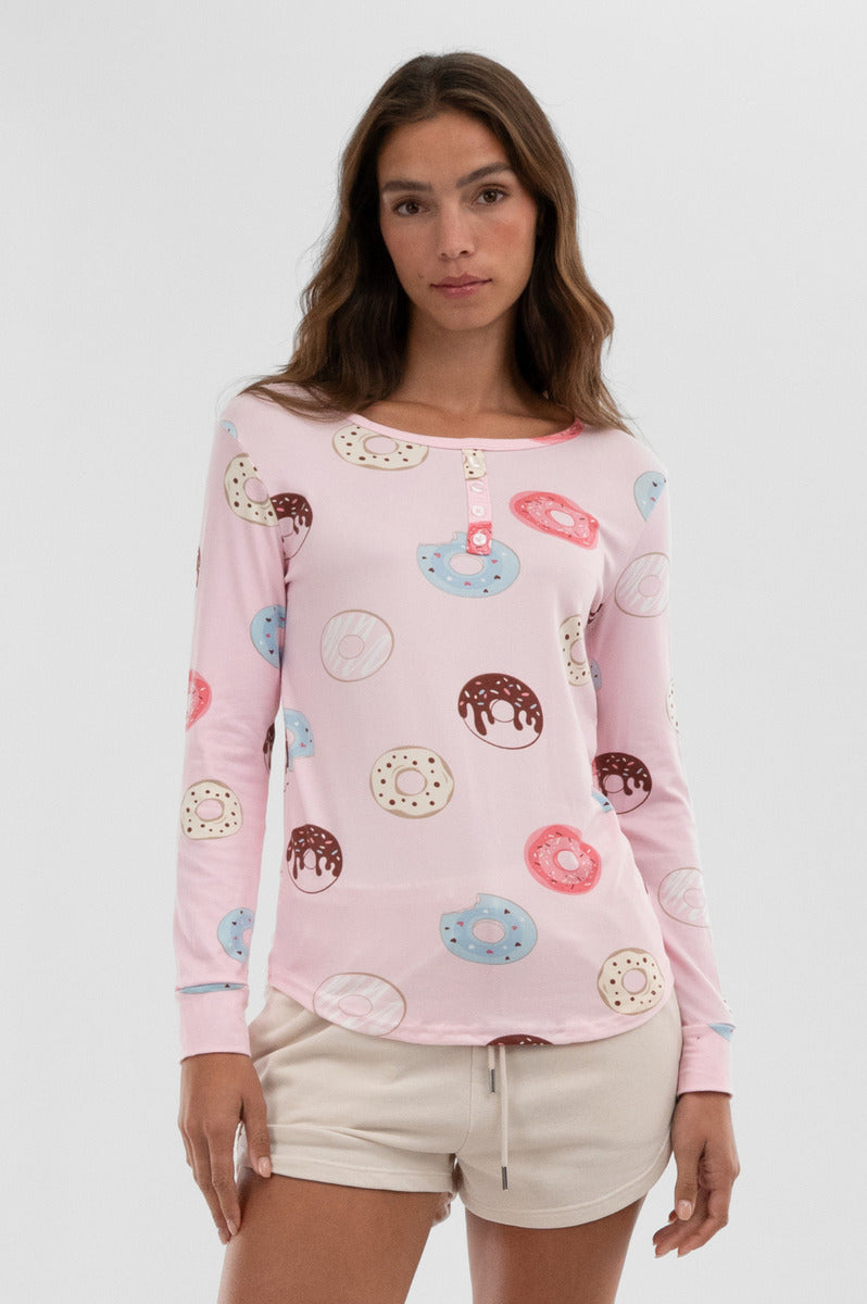 Canada Weather Gear Doughnut Print Henley Pajama Top - Pink - Womens Pajamas - Canada Weather Gear
