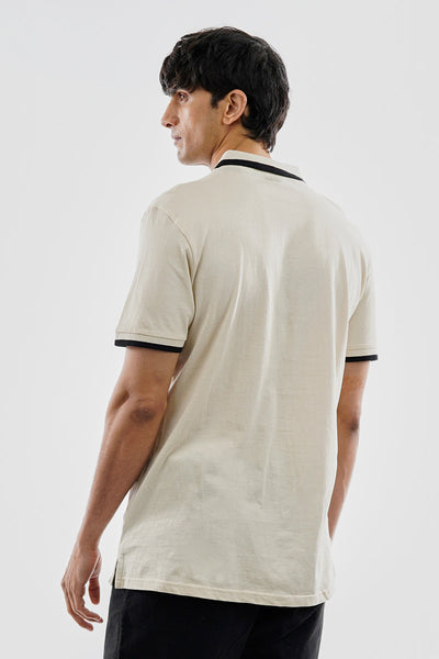 Essentials Super Triple Goose 1/4 Zip Stripe Polo Shirt - Cream - Mens Polo Shirts - Canada Weather Gear