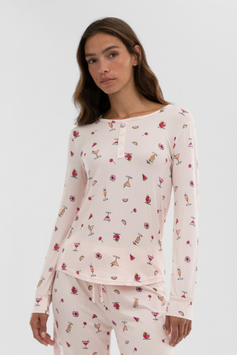Canada Weather Gear Drink Print Henley Pajama Top - Blush - Womens Pajamas - Canada Weather Gear