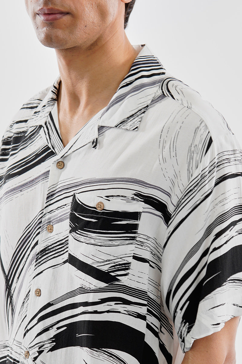 Super Triple Goose Vintage Abstract Print Button Up Casual Shirt - White - Mens Casual Shirts - Canada Weather Gear