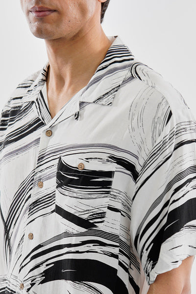 Super Triple Goose Vintage Abstract Print Button Up Casual Shirt - White - Mens Casual Shirts - Canada Weather Gear
