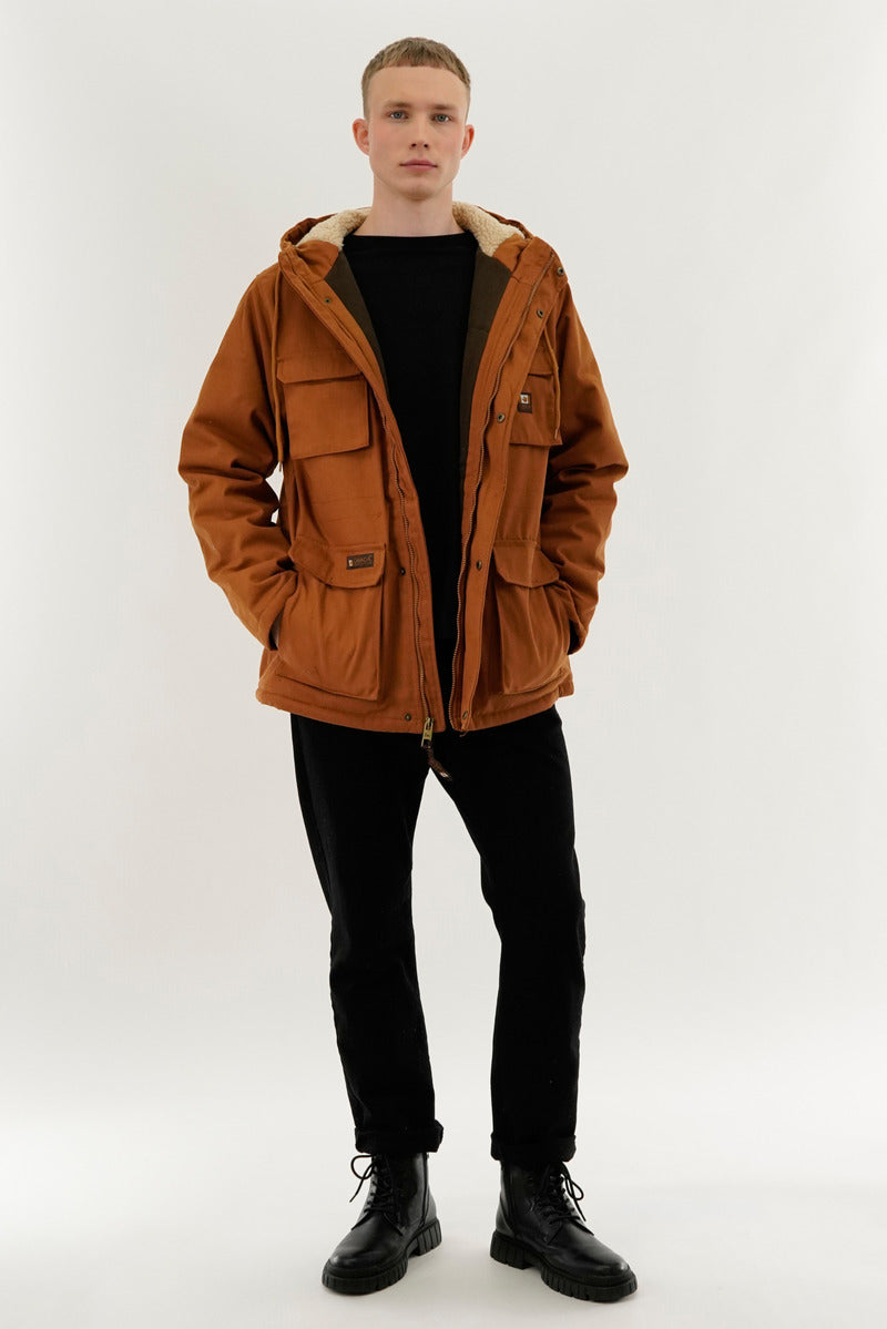 Canvas Sherpa Lined Parka Jacket - Brown