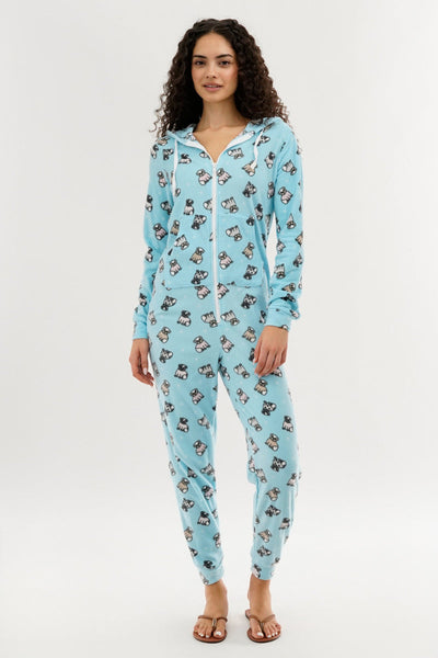 Canada Weather Gear Pug Print Fleece Onesie - Aqua - Womens Onesies - Canada Weather Gear