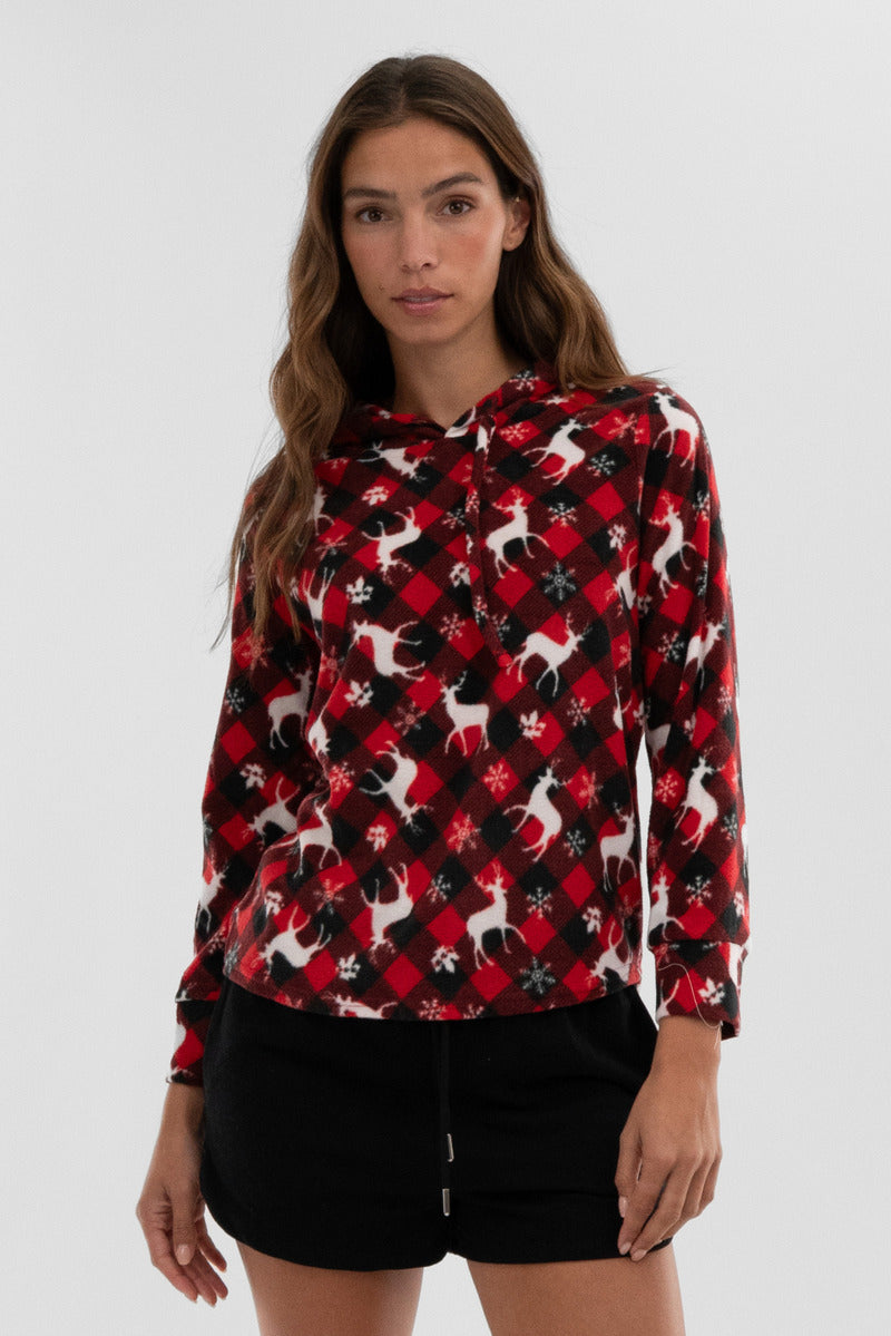 Canada Weather Gear Festive Print Hooded Pajama Top - Red - Womens Pajamas - Canada Weather Gear