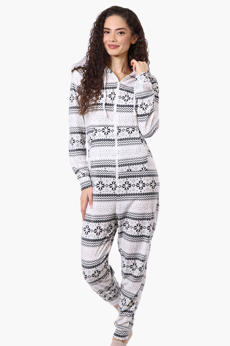 Canada Weather Gear Hooded Festive Pattern Fleece Onesie - White - Womens Onesies - Canada Weather Gear