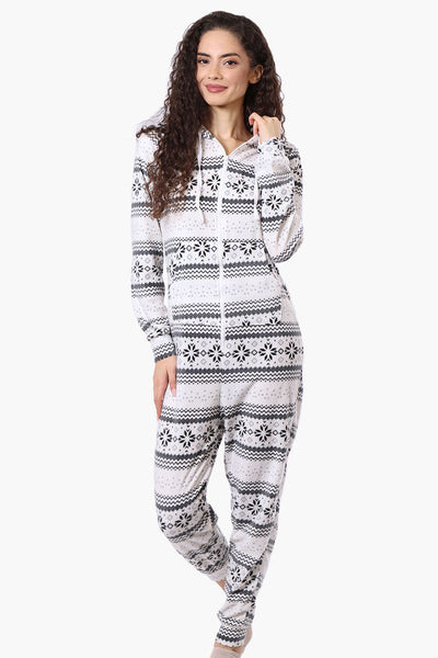 Canada Weather Gear Hooded Festive Pattern Fleece Onesie - White - Womens Onesies - Canada Weather Gear