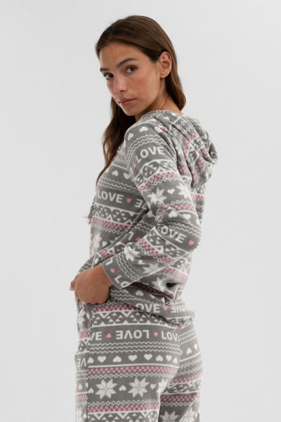 Canada Weather Gear Festive Print Hooded Pajama Top - Grey - Womens Pajamas - Canada Weather Gear